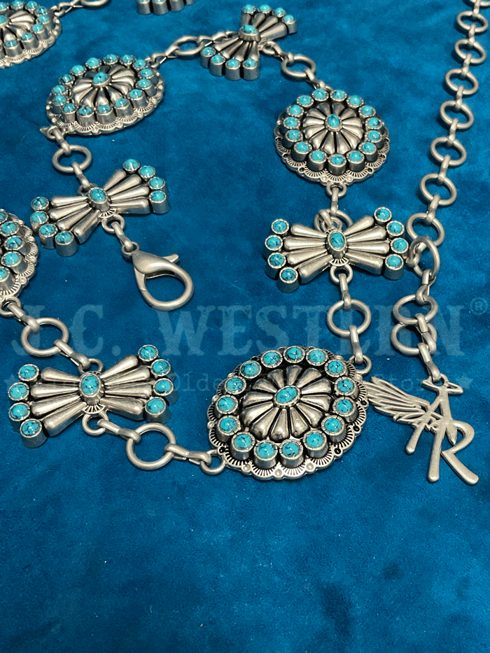 Angel Ranch D140007833 Ladies Oval Butterfly Conchos Chain Belt Turquoise front view. If you need any assistance with this item or the purchase of this item please call us at five six one seven four eight eight eight zero one Monday through Saturday 10:00a.m EST to 8:00 p.m EST