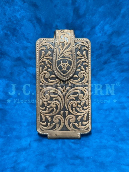 Ariat A0604144 Scrolling Embossed Leather Cell Phone Case Tan front view. If you need any assistance with this item or the purchase of this item please call us at five six one seven four eight eight eight zero one Monday through Saturday 10:00a.m EST to 8:00 p.m EST