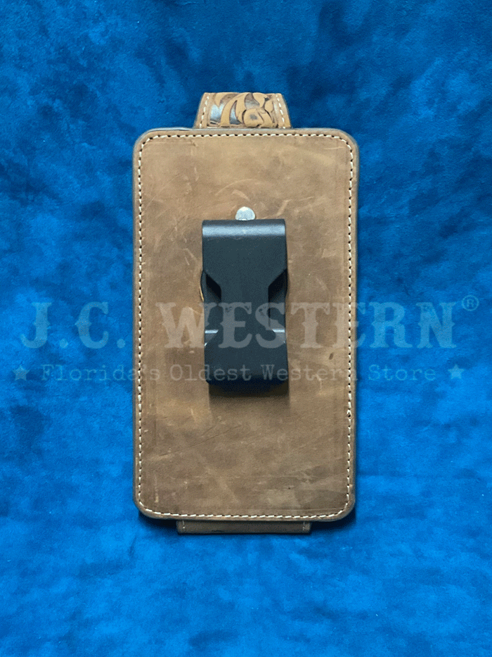 Ariat A0604144 Scrolling Embossed Leather Cell Phone Case Tan front view. If you need any assistance with this item or the purchase of this item please call us at five six one seven four eight eight eight zero one Monday through Saturday 10:00a.m EST to 8:00 p.m EST