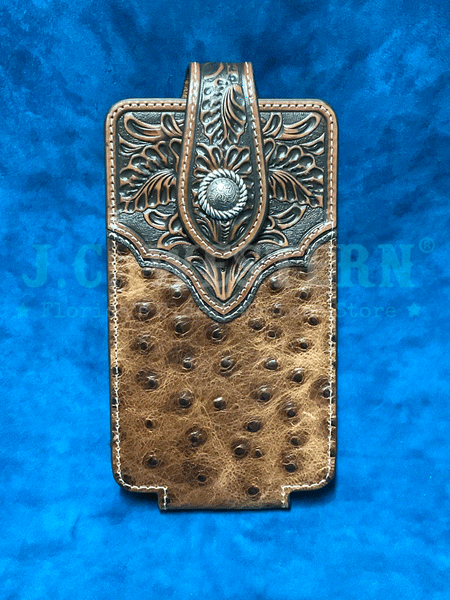 Ariat A0603702 Ostrich Floral Tabs Leather Cell Phone Case Brown front view. If you need any assistance with this item or the purchase of this item please call us at five six one seven four eight eight eight zero one Monday through Saturday 10:00a.m EST to 8:00 p.m EST