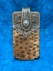 Ariat A0603702 Ostrich Floral Tabs Leather Cell Phone Case Brown front view. If you need any assistance with this item or the purchase of this item please call us at five six one seven four eight eight eight zero one Monday through Saturday 10:00a.m EST to 8:00 p.m EST