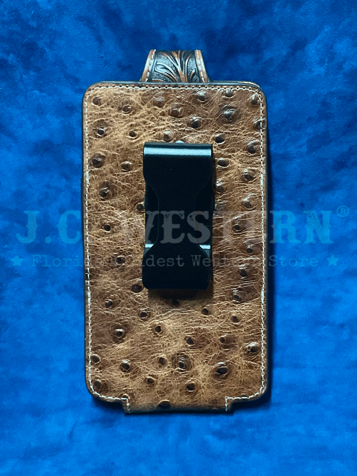 Ariat A0603702 Ostrich Floral Tabs Leather Cell Phone Case Brown front view. If you need any assistance with this item or the purchase of this item please call us at five six one seven four eight eight eight zero one Monday through Saturday 10:00a.m EST to 8:00 p.m EST