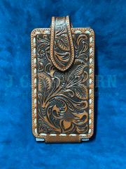 Ariat A0601902 Floral Embossed Pattern Leather Cell Phone Case Brown front view. If you need any assistance with this item or the purchase of this item please call us at five six one seven four eight eight eight zero one Monday through Saturday 10:00a.m EST to 8:00 p.m EST