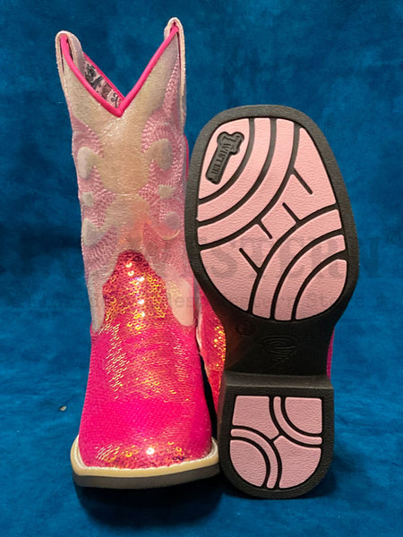 Twister 443004730 446004730 Kids Krissy Style Bucker Boot Hot Pink front and view sole. If you need any assistance with this item or the purchase of this item please call us at five six one seven four eight eight eight zero one Monday through Saturday 10:00a.m EST to 8:00 p.m EST