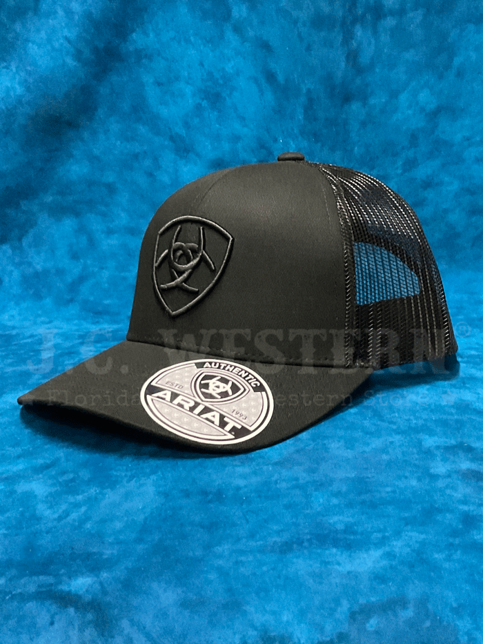 Ariat A300053001 Snapback Shield Logo Cap Black front view. If you need any assistance with this item or the purchase of this item please call us at five six one seven four eight eight eight zero one Monday through Saturday 10:00a.m EST to 8:00 p.m EST