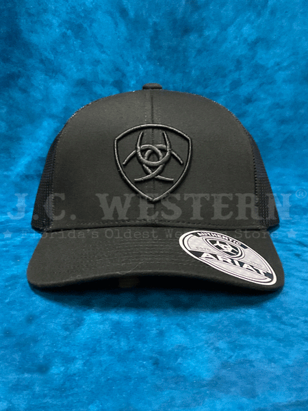 Ariat A300053001 Snapback Shield Logo Cap Black front view. If you need any assistance with this item or the purchase of this item please call us at five six one seven four eight eight eight zero one Monday through Saturday 10:00a.m EST to 8:00 p.m EST