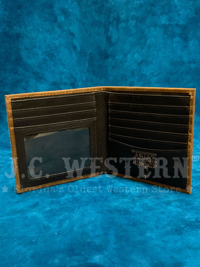 Ariat A3561444 Mens Large Bifold Scrolling Embossed Wallet Medium Brown Bark front view. If you need any assistance with this item or the purchase of this item please call us at five six one seven four eight eight eight zero one Monday through Saturday 10:00a.m EST to 8:00 p.m EST