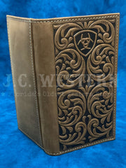 Ariat A3561244 Mens Rodeo Scrolling Embossed Wallet Medium Brown Bark front view. If you need any assistance with this item or the purchase of this item please call us at five six one seven four eight eight eight zero one Monday through Saturday 10:00a.m EST to 8:00 p.m EST