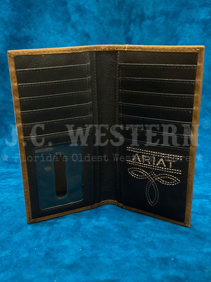 Ariat A3561244 Mens Rodeo Scrolling Embossed Wallet Medium Brown Bark front view. If you need any assistance with this item or the purchase of this item please call us at five six one seven four eight eight eight zero one Monday through Saturday 10:00a.m EST to 8:00 p.m EST