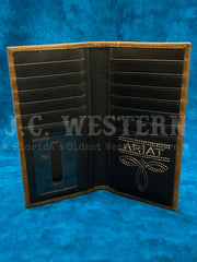 Ariat A3561244 Mens Rodeo Scrolling Embossed Wallet Medium Brown Bark inside view. If you need any assistance with this item or the purchase of this item please call us at five six one seven four eight eight eight zero one Monday through Saturday 10:00a.m EST to 8:00 p.m EST 