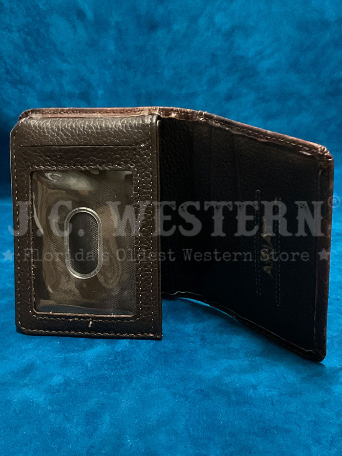 Ariat A3560102 Mens Bifold Flip Style Southwestern Wallet Brown And Turquoise front view. 