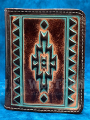 Ariat A3560102 Mens Bifold Flip Style Southwestern Wallet Brown And Turquoise front view. 