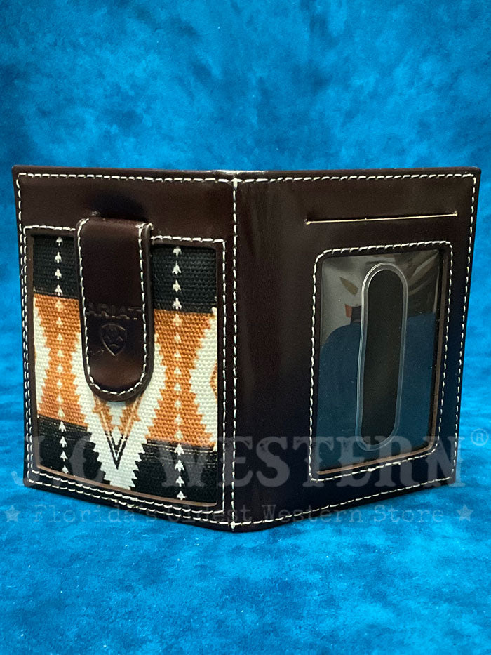 Ariat A3559602 Mens Bifold Southwestern Fabric Monely Clip Brown front view. If you need any assistance with this item or the purchase of this item please call us at five six one seven four eight eight eight zero one Monday through Saturday 10:00a.m EST to 8:00 p.m EST