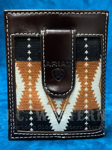 Ariat A3559602 Mens Bifold Southwestern Fabric Monely Clip Brown front view. If you need any assistance with this item or the purchase of this item please call us at five six one seven four eight eight eight zero one Monday through Saturday 10:00a.m EST to 8:00 p.m EST