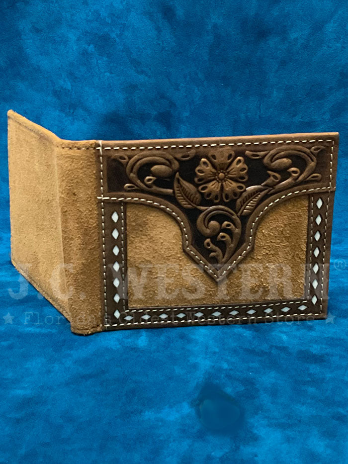 Nocona N5415908 Mens Floral Embossed White Buck Lacing Bifold Wallet Tan front view. If you need any assistance with this item or the purchase of this item please call us at five six one seven four eight eight eight zero one Monday through Saturday 10:00a.m EST to 8:00 p.m EST