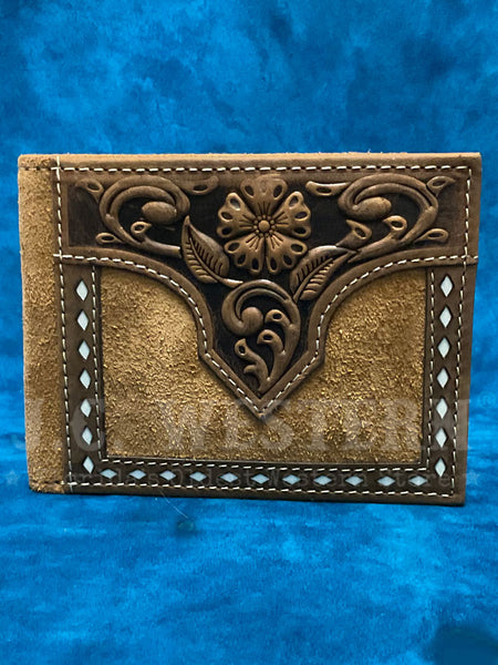 Nocona N5415908 Mens Floral Embossed White Buck Lacing Bifold Wallet Tan front view. If you need any assistance with this item or the purchase of this item please call us at five six one seven four eight eight eight zero one Monday through Saturday 10:00a.m EST to 8:00 p.m EST