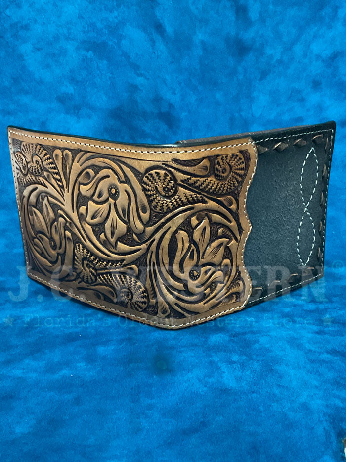 3D D2500124107 Mens Floral Hand Tooled Buck Lace Bifold Wallet Tan front view. If you need any assistance with this item or the purchase of this item please call us at five six one seven four eight eight eight zero one Monday through Saturday 10:00a.m EST to 8:00 p.m EST