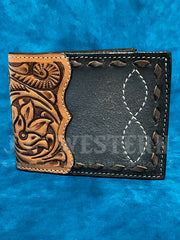 3D D2500124107 Mens Floral Hand Tooled Buck Lace Bifold Wallet Tan front view. If you need any assistance with this item or the purchase of this item please call us at five six one seven four eight eight eight zero one Monday through Saturday 10:00a.m EST to 8:00 p.m EST