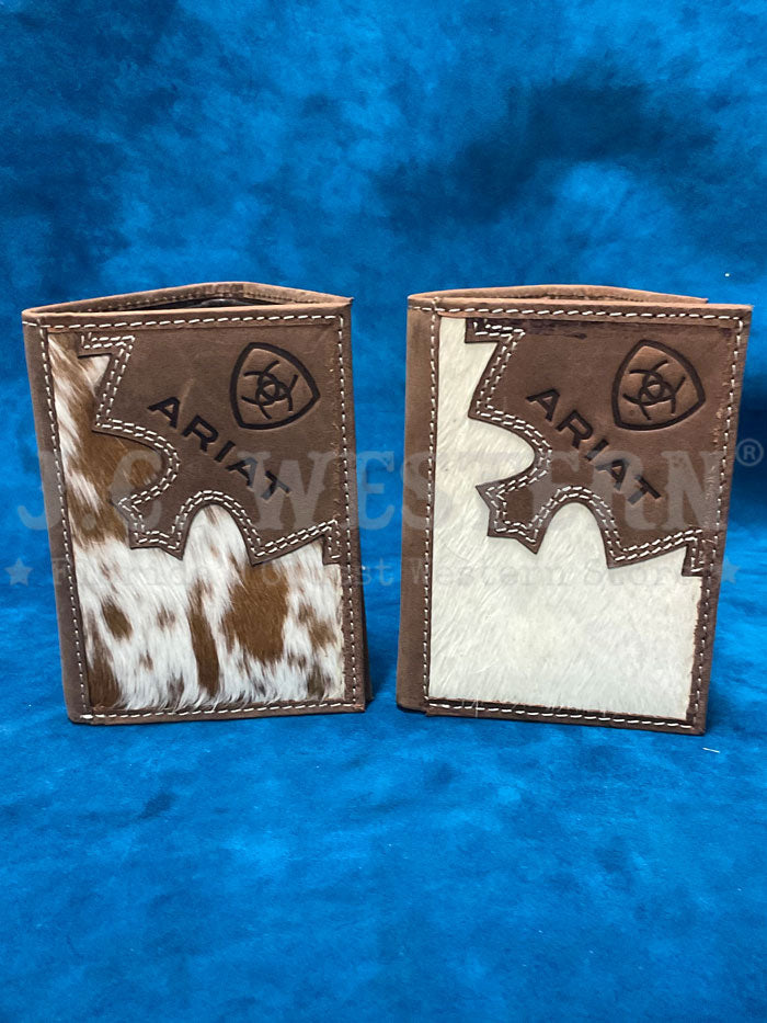 Ariat A3562402 Mens Brindle Calf Hair Trifold Wallet Bark Brown front view. If you need any assistance with this item or the purchase of this item please call us at five six one seven four eight eight eight zero one Monday through Saturday 10:00a.m EST to 8:00 p.m EST