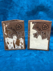 Ariat A3562402 Mens Brindle Calf Hair Trifold Wallet Bark Brown front view pair wit different calf hair pattern and color. If you need any assistance with this item or the purchase of this item please call us at five six one seven four eight eight eight zero one Monday through Saturday 10:00a.m EST to 8:00 p.m EST