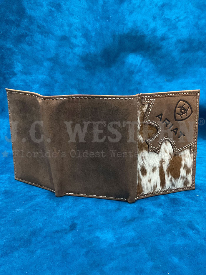 Ariat A3562402 Mens Brindle Calf Hair Trifold Wallet Bark Brown front view. If you need any assistance with this item or the purchase of this item please call us at five six one seven four eight eight eight zero one Monday through Saturday 10:00a.m EST to 8:00 p.m EST