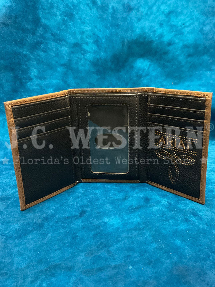 Ariat A3562402 Mens Brindle Calf Hair Trifold Wallet Bark Brown front view. If you need any assistance with this item or the purchase of this item please call us at five six one seven four eight eight eight zero one Monday through Saturday 10:00a.m EST to 8:00 p.m EST