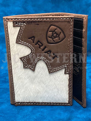 Ariat A3562402 Mens Brindle Calf Hair Trifold Wallet Bark Brown front view. If you need any assistance with this item or the purchase of this item please call us at five six one seven four eight eight eight zero one Monday through Saturday 10:00a.m EST to 8:00 p.m EST