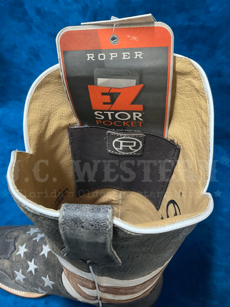 Roper 09-021-7001-0206 Womens American Flag Cowboy Boot Red inside pocket view. If you need any assistance with this item or the purchase of this item please call us at five six one seven four eight eight eight zero one Monday through Saturday 10:00a.m EST to 8:00 p.m EST