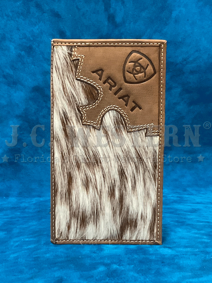 Ariat A3562302 Mens Brindle Calf Hair Rodeo Wallet Brown front view. If you need any assistance with this item or the purchase of this item please call us at five six one seven four eight eight eight zero one Monday through Saturday 10:00a.m EST to 8:00 p.m EST