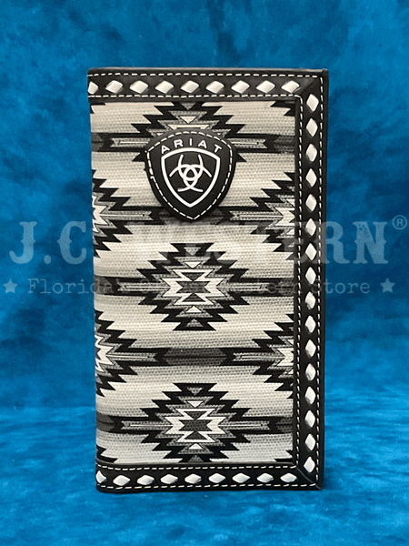 Ariat A3558801 Mens Diamond Lacing Southwestern Rodeo Wallet Black front view. If you need any assistance with this item or the purchase of this item please call us at five six one seven four eight eight eight zero one Monday through Saturday 10:00a.m EST to 8:00 p.m EST