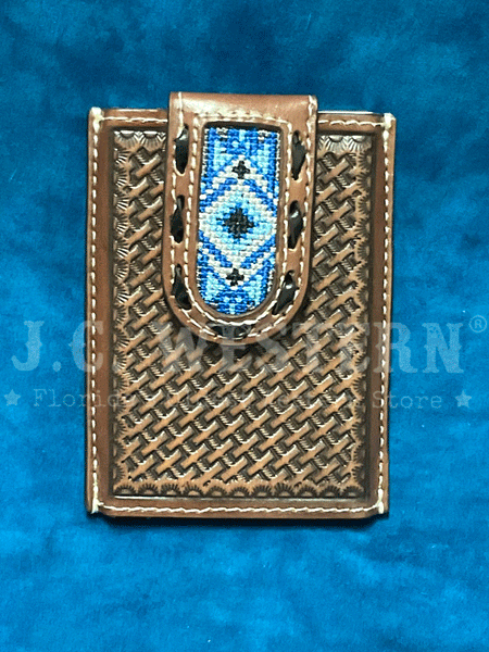 3D D250009802 Mens Smart Wallet Blue Diamond Inlay Brown front view. If you need any assistance with this item or the purchase of this item please call us at five six one seven four eight eight eight zero one Monday through Saturday 10:00a.m EST to 8:00 p.m EST