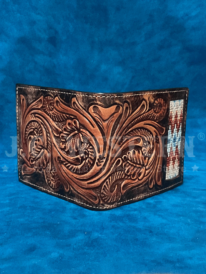 3D D250010102 Mens Hand Tooled Scroll Embroidered Inlay Bifold Wallet Brown front view. If you need any assistance with this item or the purchase of this item please call us at five six one seven four eight eight eight zero one Monday through Saturday 10:00a.m EST to 8:00 p.m EST