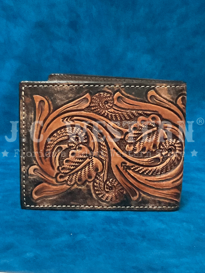 3D D250010102 Mens Hand Tooled Scroll Embroidered Inlay Bifold Wallet Brown front view. If you need any assistance with this item or the purchase of this item please call us at five six one seven four eight eight eight zero one Monday through Saturday 10:00a.m EST to 8:00 p.m EST