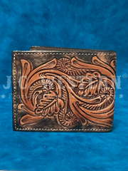 3D D250010102 Mens Hand Tooled Scroll Embroidered Inlay Bifold Wallet Brown back view. If you need any assistance with this item or the purchase of this item please call us at five six one seven four eight eight eight zero one Monday through Saturday 10:00a.m EST to 8:00 p.m EST