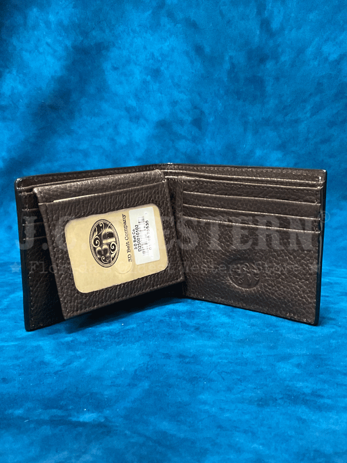 3D D250010102 Mens Hand Tooled Scroll Embroidered Inlay Bifold Wallet Brown front view. If you need any assistance with this item or the purchase of this item please call us at five six one seven four eight eight eight zero one Monday through Saturday 10:00a.m EST to 8:00 p.m EST