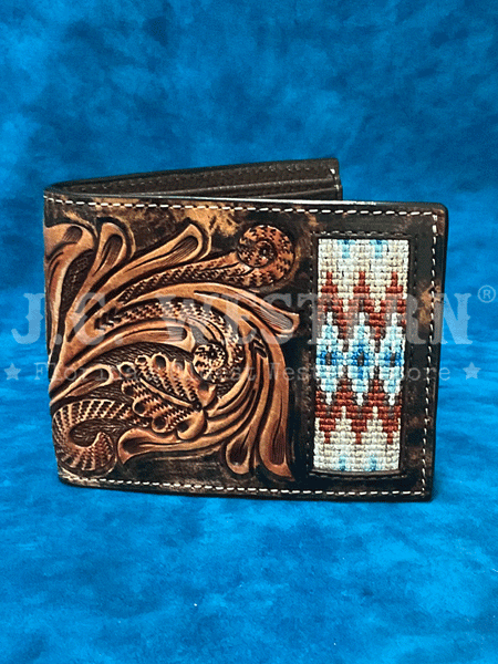 3D D250010102 Mens Hand Tooled Scroll Embroidered Inlay Bifold Wallet Brown front view. If you need any assistance with this item or the purchase of this item please call us at five six one seven four eight eight eight zero one Monday through Saturday 10:00a.m EST to 8:00 p.m EST