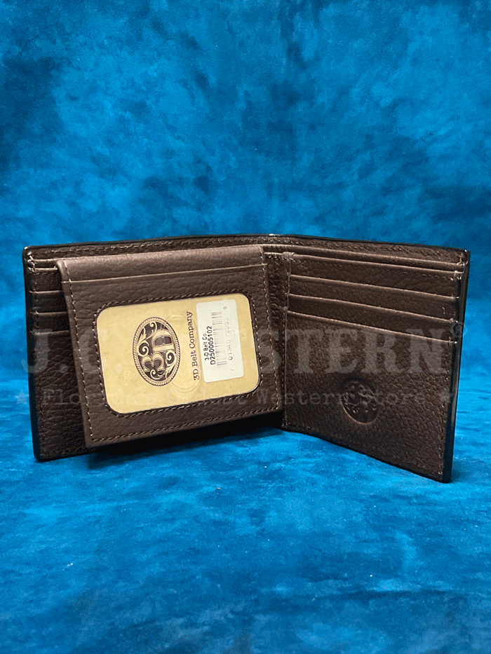 3D D250005102 Mens Bifold Tooled Wallet Brown front view. If you need any assistance with this item or the purchase of this item please call us at five six one seven four eight eight eight zero one Monday through Saturday 10:00a.m EST to 8:00 p.m EST