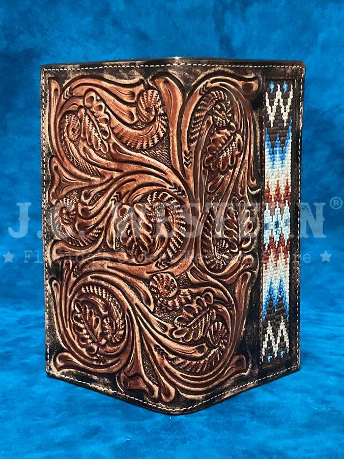 3D D250010002 Mens Hand Tooled Scroll Embroidered Inlay Rodeo Wallet Brown front view. If you need any assistance with this item or the purchase of this item please call us at five six one seven four eight eight eight zero one Monday through Saturday 10:00a.m EST to 8:00 p.m EST