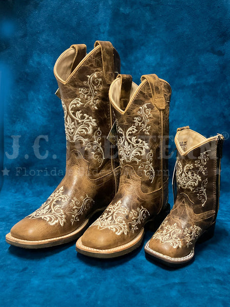 Old West 1958 Kids Embroidered Square Toe Western Boot Brown youth, kids and toddlers. If you need any assistance with this item or the purchase of this item please call us at five six one seven four eight eight eight zero one Monday through Saturday 10:00a.m EST to 8:00 p.m EST