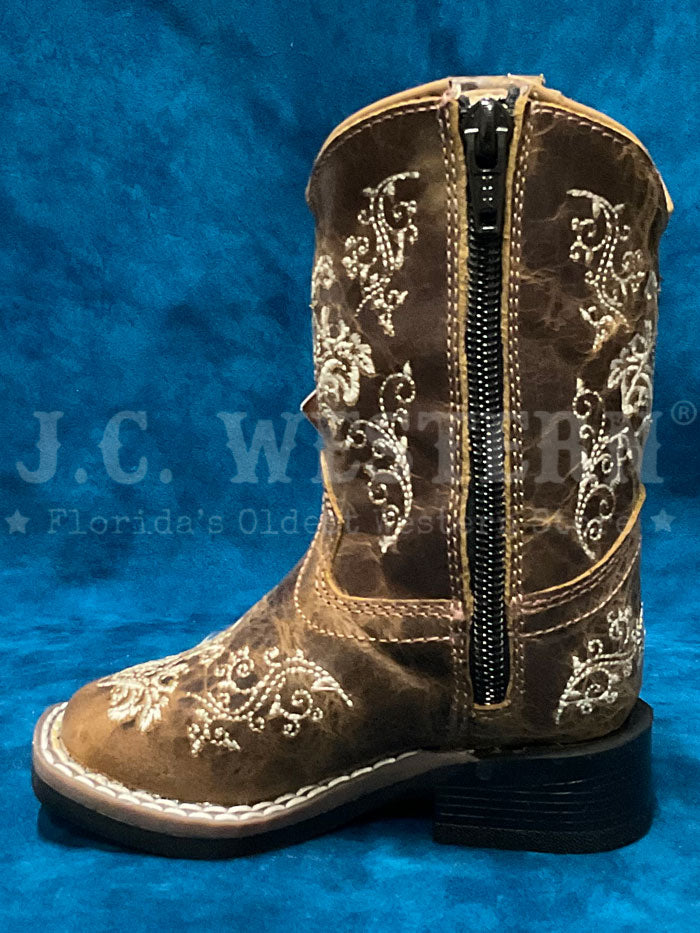 Old West 1958 Kids Embroidered Square Toe Western Boot Brown youth, kids and toddlers. If you need any assistance with this item or the purchase of this item please call us at five six one seven four eight eight eight zero one Monday through Saturday 10:00a.m EST to 8:00 p.m EST