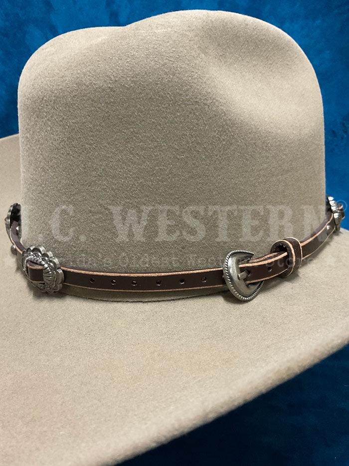 3D D740002002 Scalloped Conchos Nail Head Hatband Brown close up. If you need any assistance with this item or the purchase of this item please call us at five six one seven four eight eight eight zero one Monday through Saturday 10:00a.m EST to 8:00 p.m EST