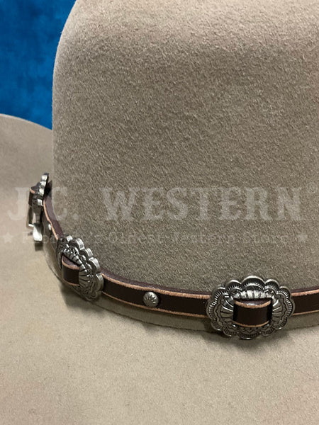 3D D740002002 Scalloped Conchos Nail Head Hatband Brown close up. If you need any assistance with this item or the purchase of this item please call us at five six one seven four eight eight eight zero one Monday through Saturday 10:00a.m EST to 8:00 p.m EST