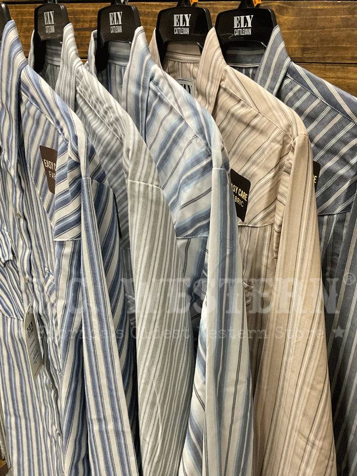 Ely Cattleman 15202903RG Mens Long Sleeve Stripe Western Shirts Assorted Colors hanging. If you need any assistance with this item or the purchase of this item please call us at five six one seven four eight eight eight zero one Monday through Saturday 10:00a.m EST to 8:00 p.m EST

