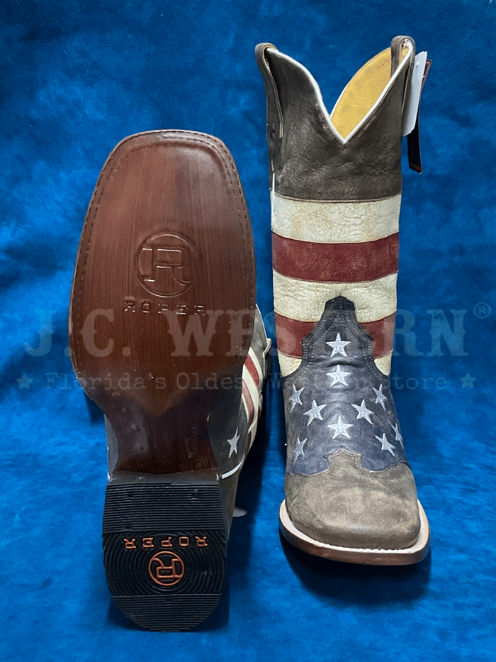 Roper 09-020-7001-0103 Mens American Flag Cowboy Boot Brown side view. If you need any assistance with this item or the purchase of this item please call us at five six one seven four eight eight eight zero one Monday through Saturday 10:00a.m EST to 8:00 p.m EST