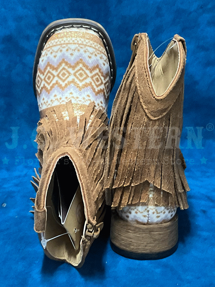 Roper 09-017-1903-3503 Toddlers Aztec Glitter Fringe Western Boot Tan side view. If you need any assistance with this item or the purchase of this item please call us at five six one seven four eight eight eight zero one Monday through Saturday 10:00a.m EST to 8:00 p.m EST