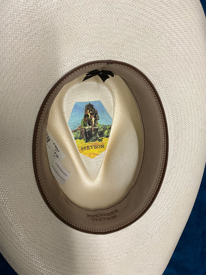 Stetson SSCPRS-403481 CYPRUS 8X Western Straw Hat Natural side and front view. If you need any assistance with this item or the purchase of this item please call us at five six one seven four eight eight eight zero one Monday through Saturday 10:00a.m EST to 8:00 p.m EST