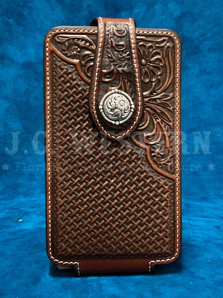 Ariat A0604208 Basket Weave Floral Embossed Large Cellphone Case Brown front view. If you need any assistance with this item or the purchase of this item please call us at five six one seven four eight eight eight zero one Monday through Saturday 10:00a.m EST to 8:00 p.m EST