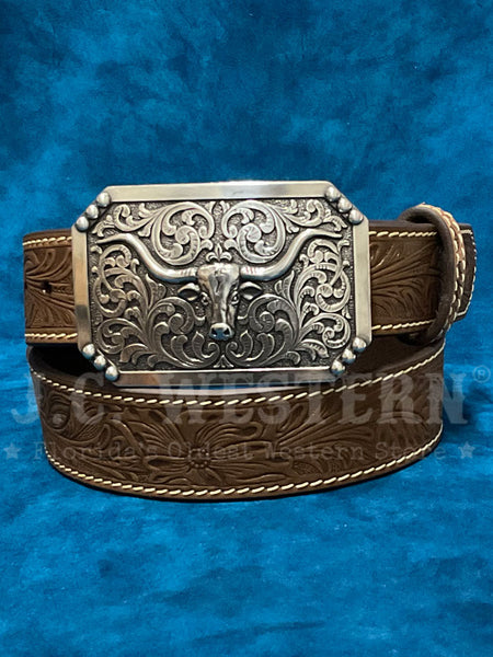 3D D100012102 Mens Belt Floral Embossed Longhorn Belt Brown