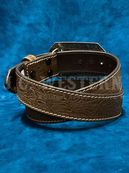 3D D100012102 Mens Belt Floral Embossed Longhorn Belt Brown