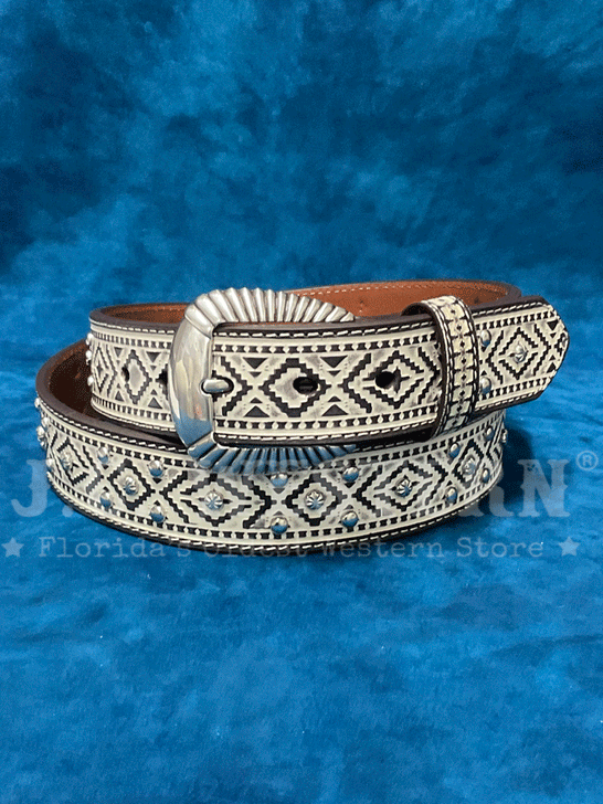 Ariat A1565905 Womens Southwestern Stud Accent Belt White front. If you need any assistance with this item or the purchase of this item please call us at five six one seven four eight eight eight zero one Monday through Saturday 10:00a.m EST to 8:00 p.m EST

